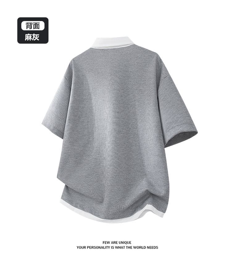 여름 새로운 반팔 POLO 셔츠 남자 후아 남편 그리드 페이크 레이어드 폴로 칼라 반팔 셔츠 칼라 무거운 루즈핏 티셔츠 상세 이미지 10