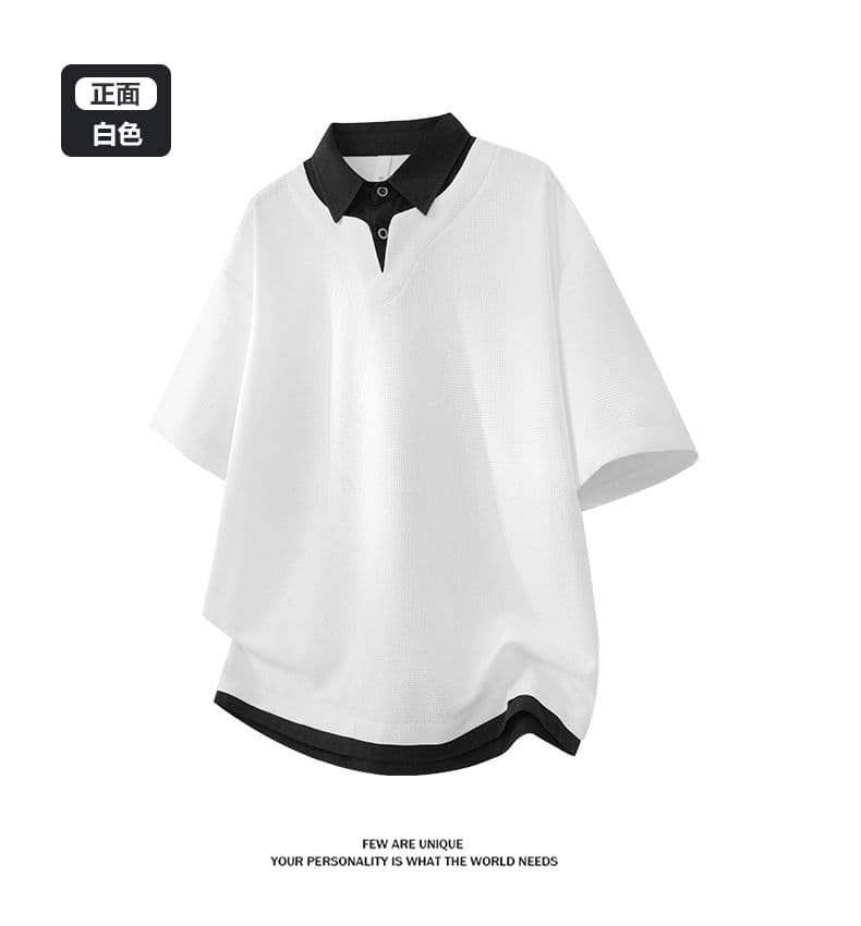 여름 새로운 반팔 POLO 셔츠 남자 후아 남편 그리드 페이크 레이어드 폴로 칼라 반팔 셔츠 칼라 무거운 루즈핏 티셔츠 상세 이미지 11