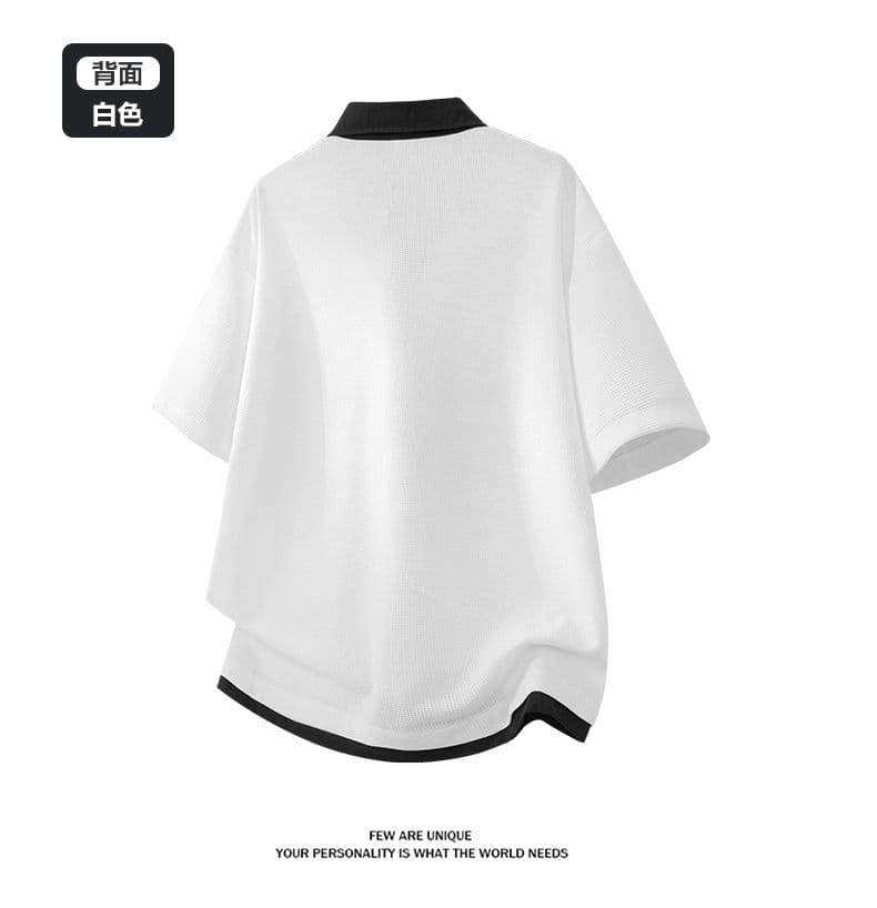 여름 새로운 반팔 POLO 셔츠 남자 후아 남편 그리드 페이크 레이어드 폴로 칼라 반팔 셔츠 칼라 무거운 루즈핏 티셔츠 상세 이미지 12