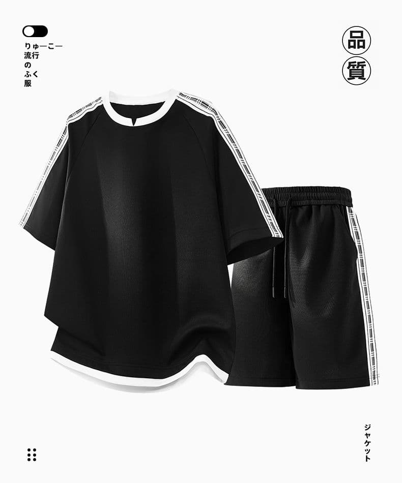 실사 여름 새로운 캐주얼 세트 남자 페이크 레이어드 반팔 니트 스포츠 슈트 루즈핏 통기성 세트 코디 상세 이미지 1