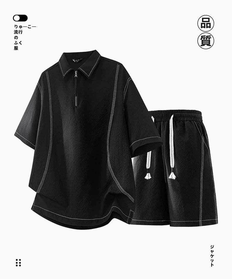 실사 여름 새로운 캐주얼 세트 남자 반팔 새로운 산소 면 니트 스포츠 슈트 루즈핏 통기성 패치워크 반바지 상세 이미지 1