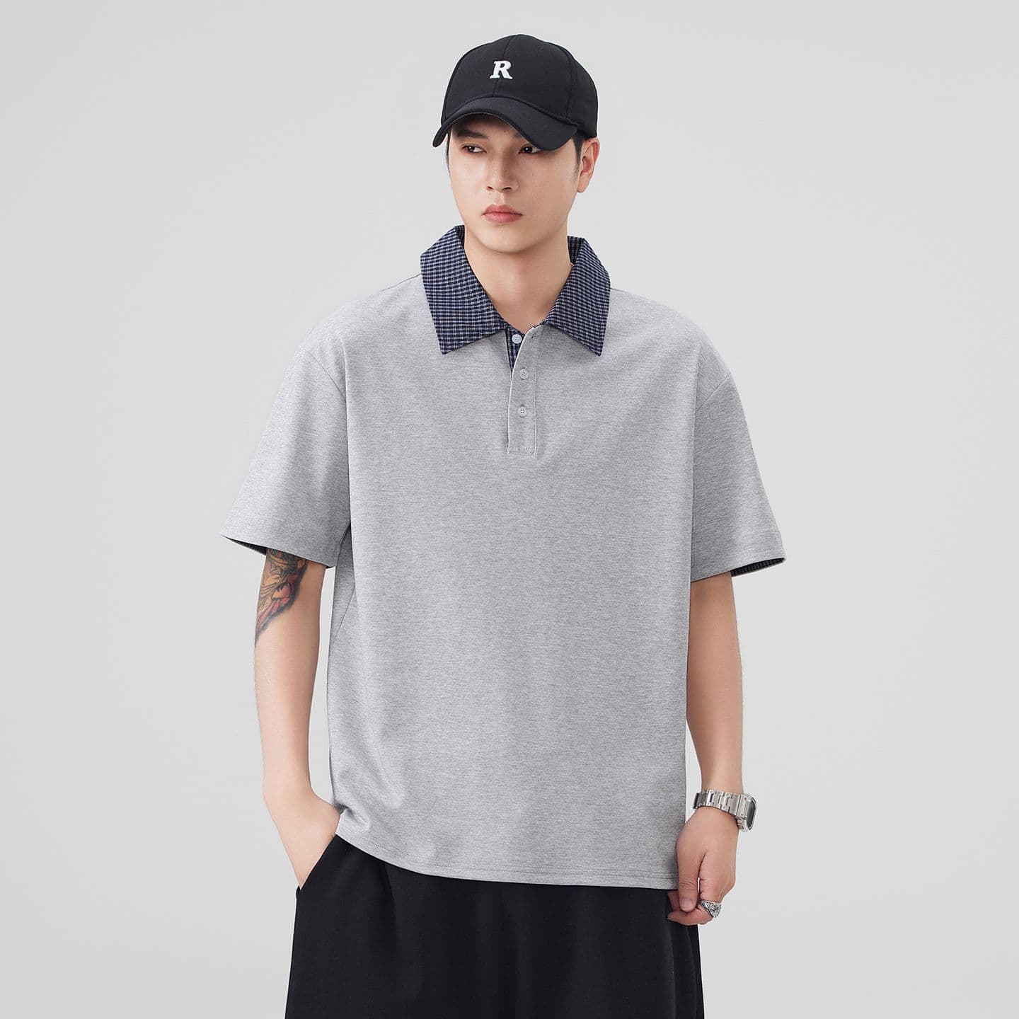 실사 여름 새로운 아메리칸 레트로 페이크 레이어드 셔츠 칼라 POLO 셔츠 남자 루즈핏 조수 브랜드 폴로 칼라 반팔 티셔츠 이미지 2