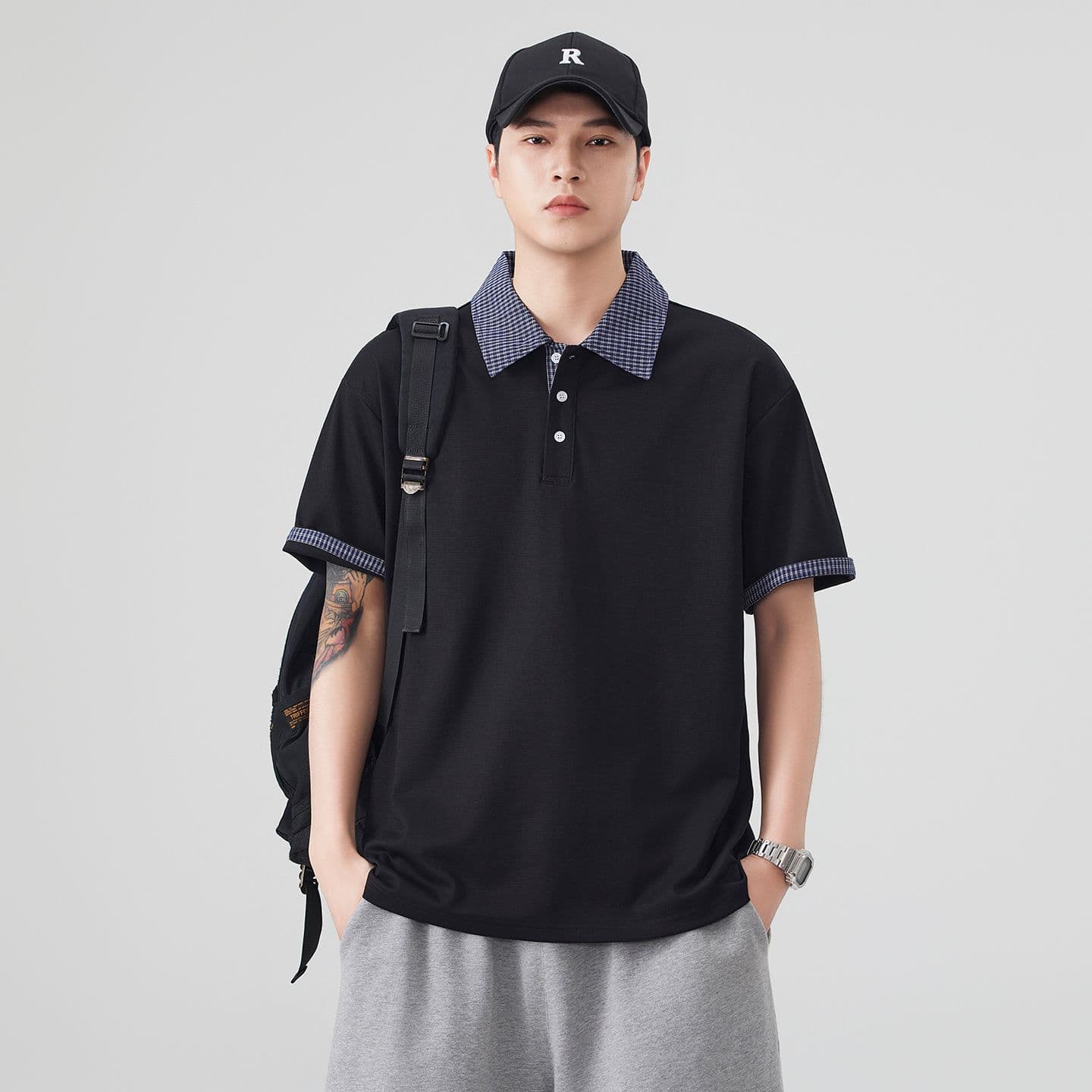실사 여름 새로운 아메리칸 레트로 페이크 레이어드 셔츠 칼라 POLO 셔츠 남자 루즈핏 조수 브랜드 폴로 칼라 반팔 티셔츠 이미지 4