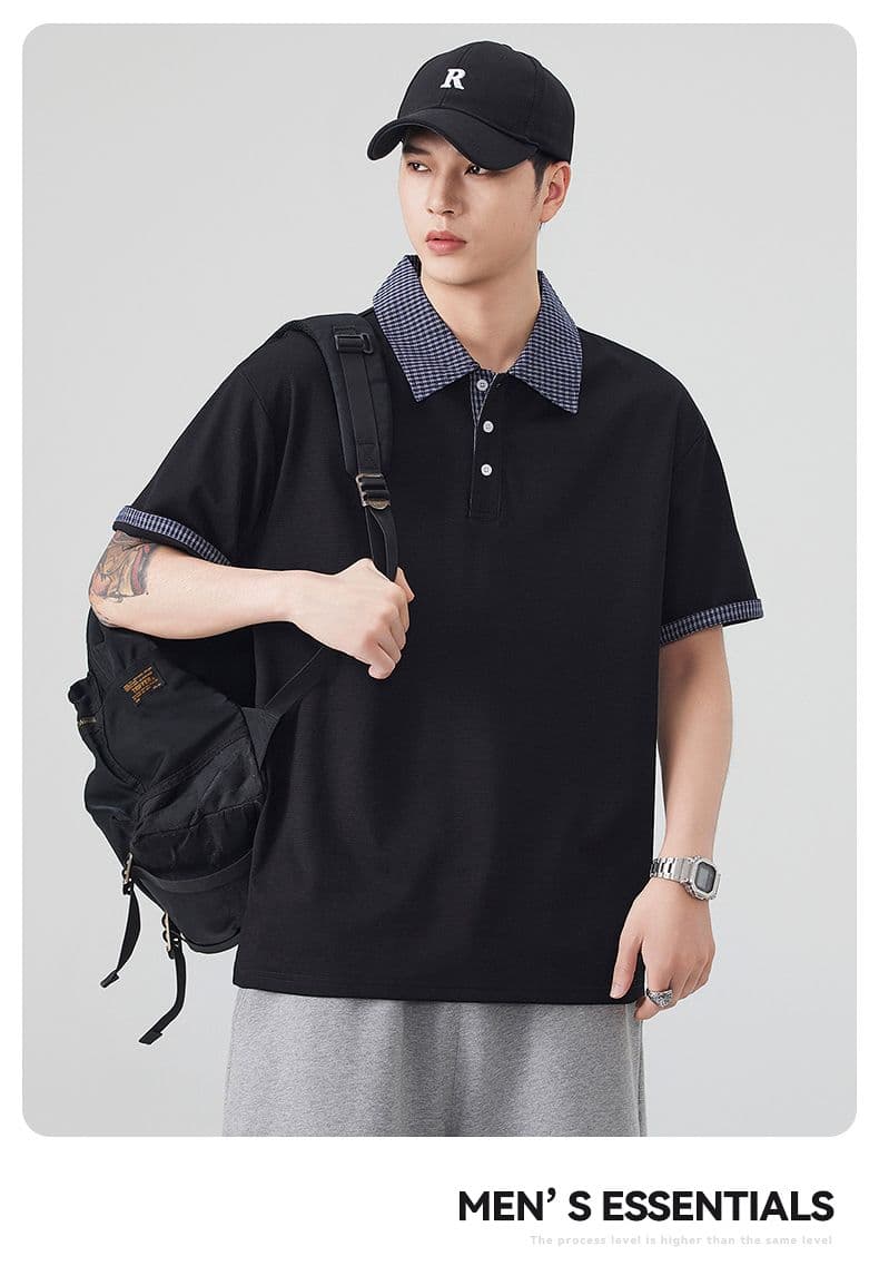 실사 여름 새로운 아메리칸 레트로 페이크 레이어드 셔츠 칼라 POLO 셔츠 남자 루즈핏 조수 브랜드 폴로 칼라 반팔 티셔츠 상세 이미지 14