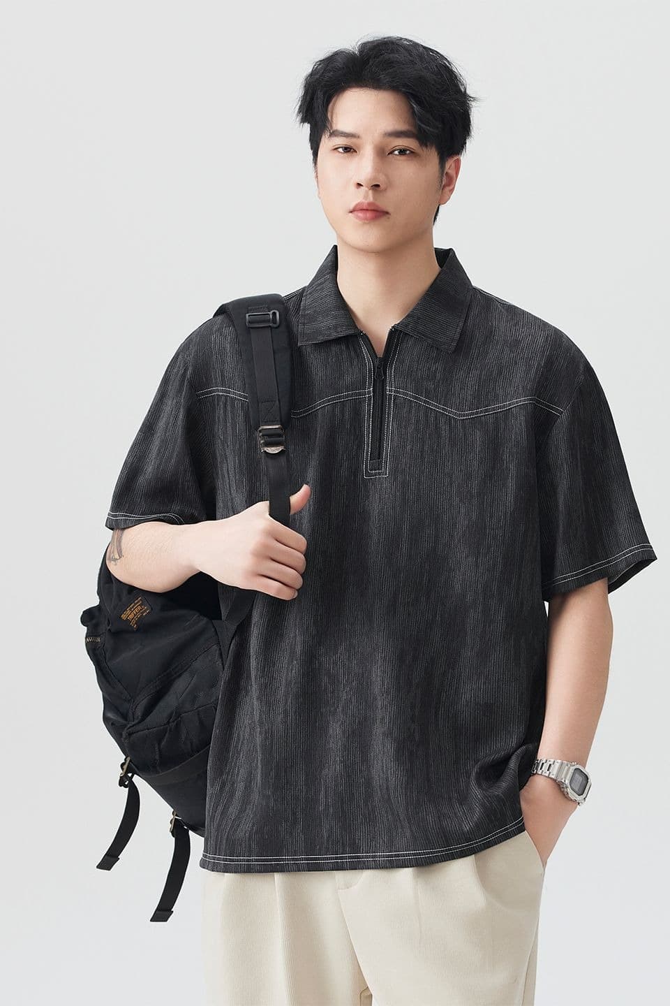 실사 여름 새로운 오래된 돈 바람 익스트림 제인 아마 통기성 얇은 헨리 POLO 칼라 반팔 티셔츠 남자 이미지 6