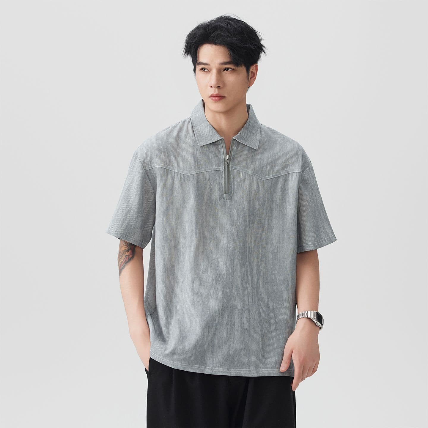 실사 여름 새로운 오래된 돈 바람 익스트림 제인 아마 통기성 얇은 헨리 POLO 칼라 반팔 티셔츠 남자 이미지 4