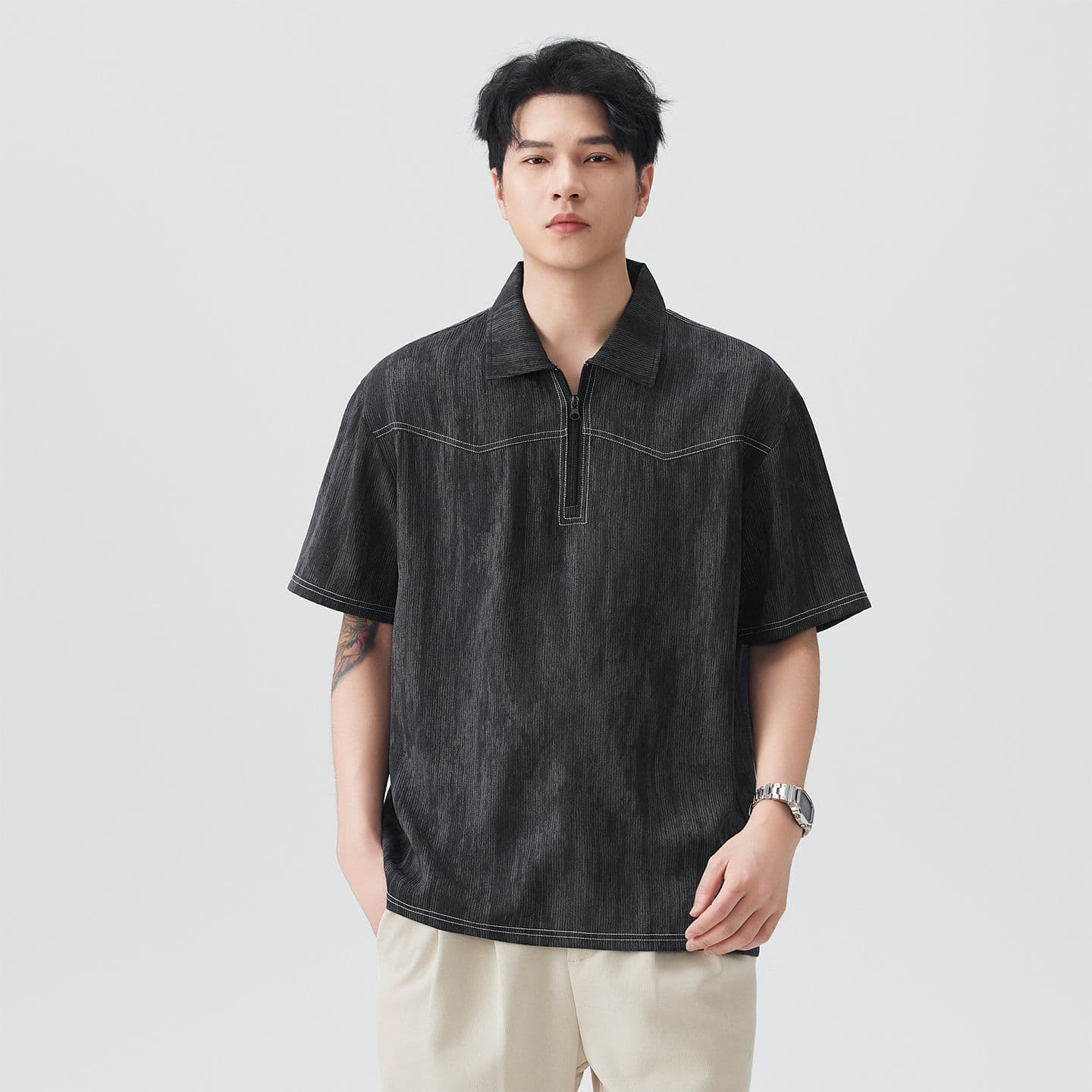 실사 여름 새로운 오래된 돈 바람 익스트림 제인 아마 통기성 얇은 헨리 POLO 칼라 반팔 티셔츠 남자 이미지 3