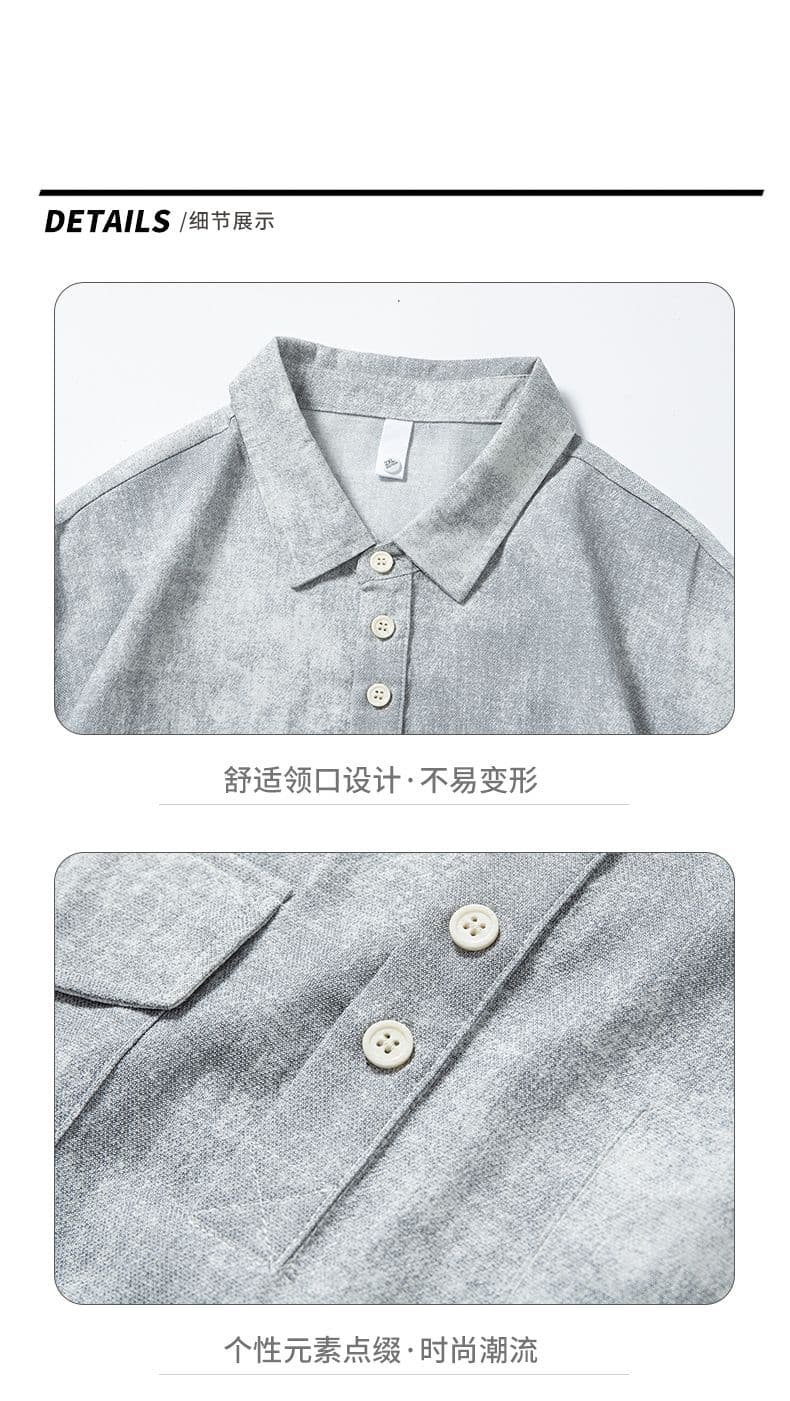 실사 2026 여름 새로운 모방 암소 아마 워크웨어 바람 폴로 칼라 반팔 셔츠 남자 루즈핏 주머니 디자인 셔츠 상세 이미지 15
