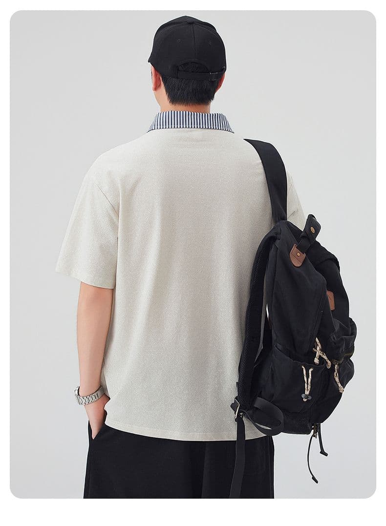 실사 여름 새로운 배색 체크무늬 패치워크 셔츠 칼라 동정 루즈핏 조수 브랜드 페이크 레이어드 반팔 POLO 셔츠 남자 상세 이미지 21