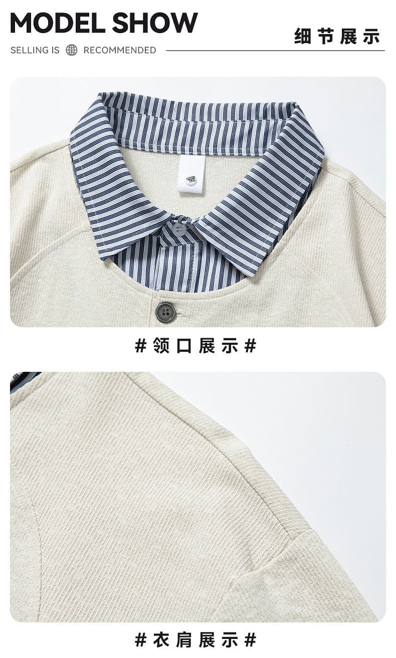 실사 여름 새로운 배색 체크무늬 패치워크 셔츠 칼라 동정 루즈핏 조수 브랜드 페이크 레이어드 반팔 POLO 셔츠 남자 상세 이미지 22