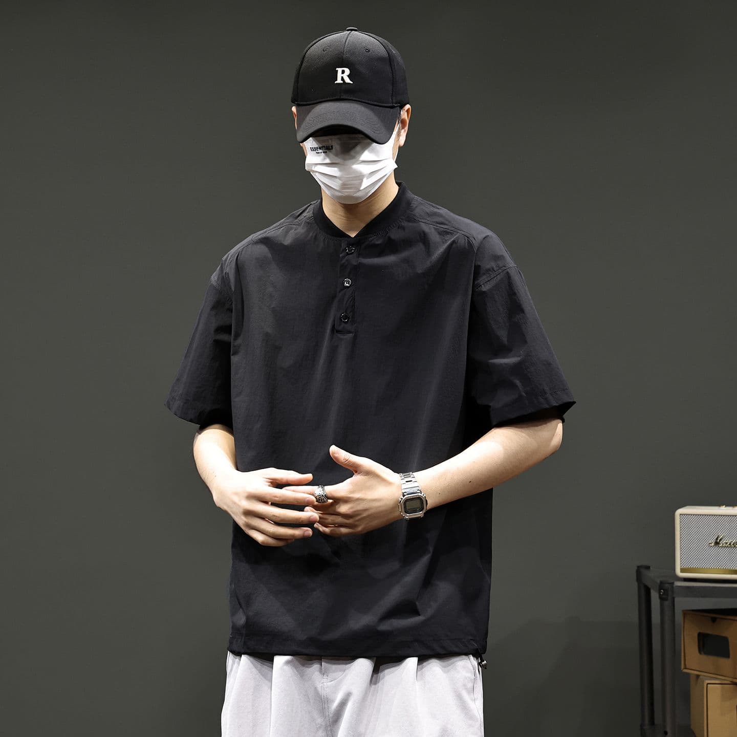실사 2026 여름 새로운 속도 건조한 차가운 센스 헨리 칼라 반팔 티셔츠 남성 고급 하프 단추 디자인 동정 이미지 3