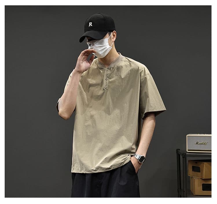 실사 2026 여름 새로운 속도 건조한 차가운 센스 헨리 칼라 반팔 티셔츠 남성 고급 하프 단추 디자인 동정 상세 이미지 10