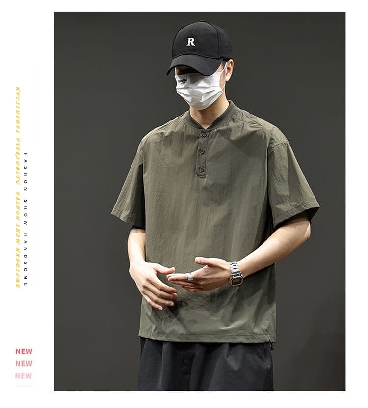 실사 2026 여름 새로운 속도 건조한 차가운 센스 헨리 칼라 반팔 티셔츠 남성 고급 하프 단추 디자인 동정 상세 이미지 16