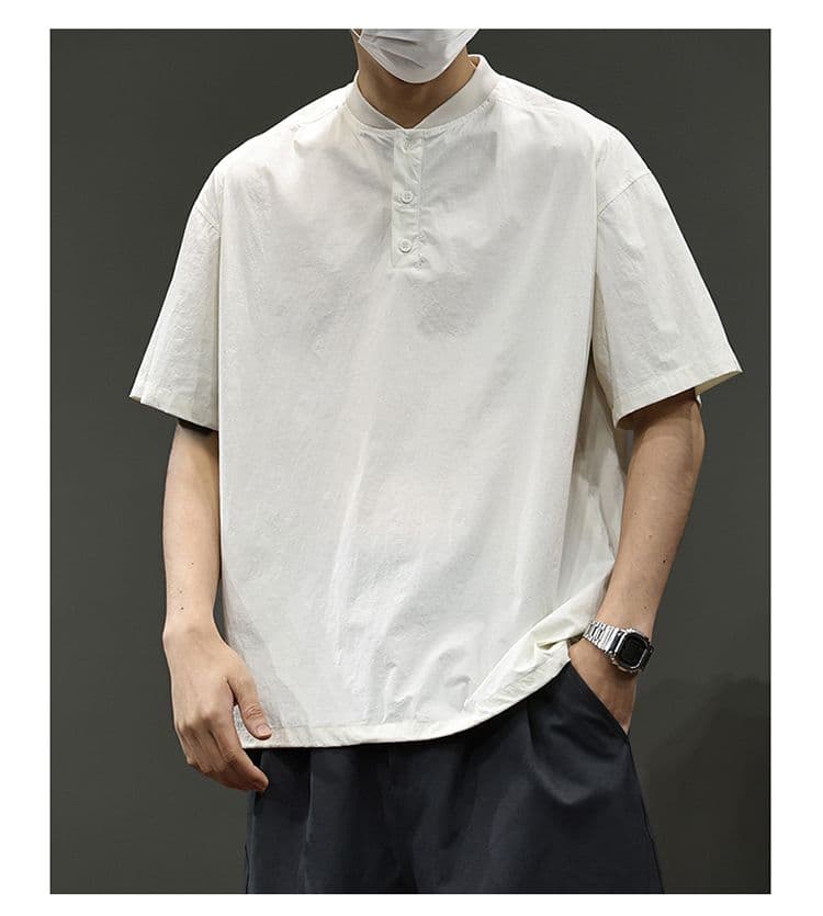 실사 2026 여름 새로운 속도 건조한 차가운 센스 헨리 칼라 반팔 티셔츠 남성 고급 하프 단추 디자인 동정 상세 이미지 23