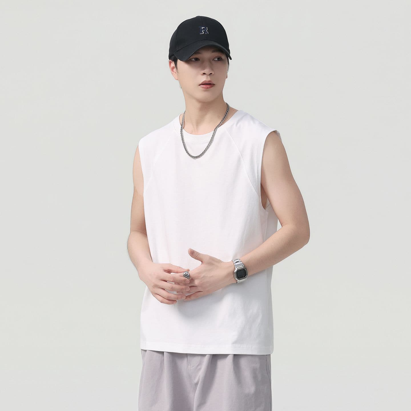 실사 2026 여름 새로운 차가운 센스 기술 면 조끼 남자 루즈핏 다용도 미니멀리즘 민소매 티셔츠 이미지 5