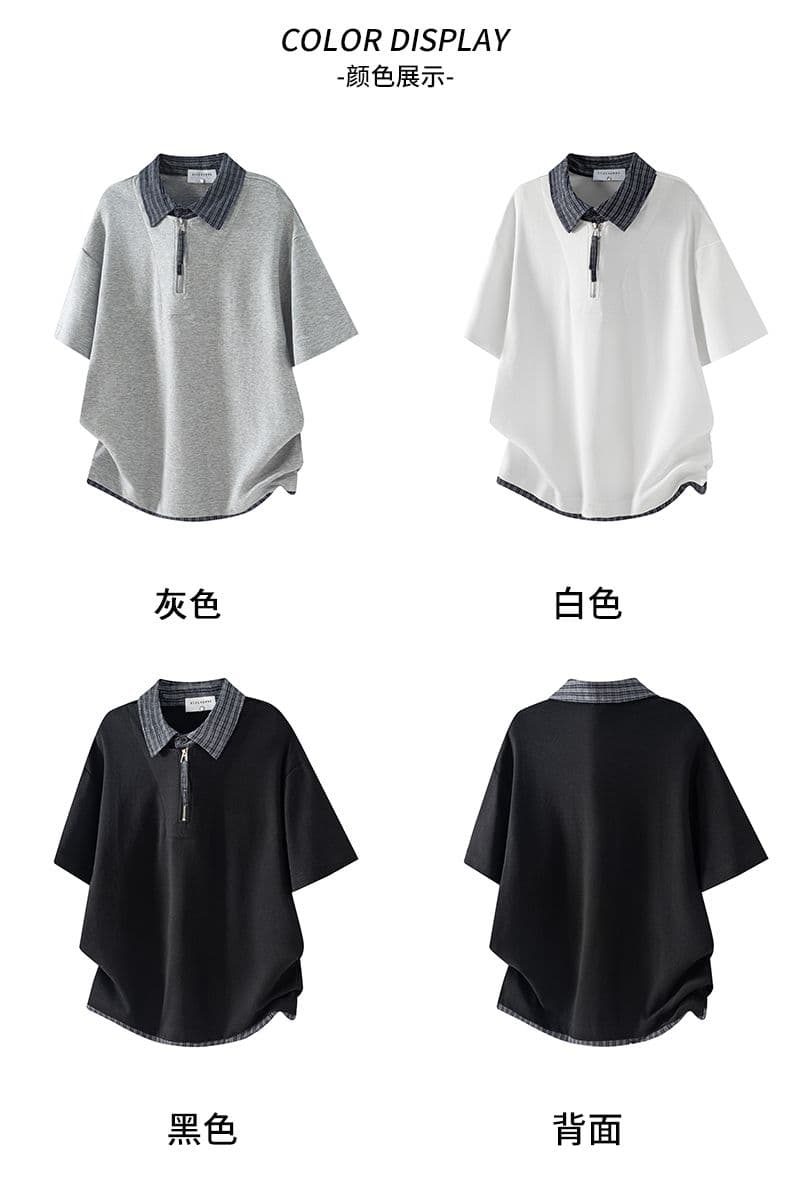 실사 여름 새로운 아메리칸 하프 지퍼 반팔 티셔츠 남자 페이크 레이어드 셔츠 칼라 polo 반소매 동정 상세 이미지 5