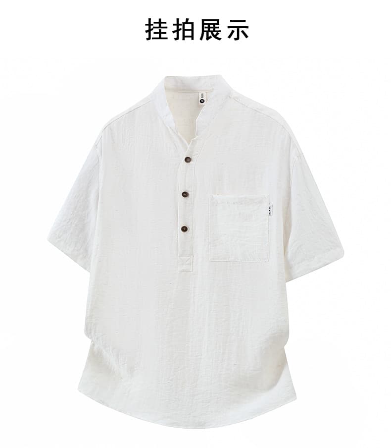 실사 여름 새로운 스탠드 칼라 아마 오래된 돈 바람 반팔 POLO 셔츠 하프 단추 디자인 주머니 루즈핏 티셔츠 상세 이미지 7