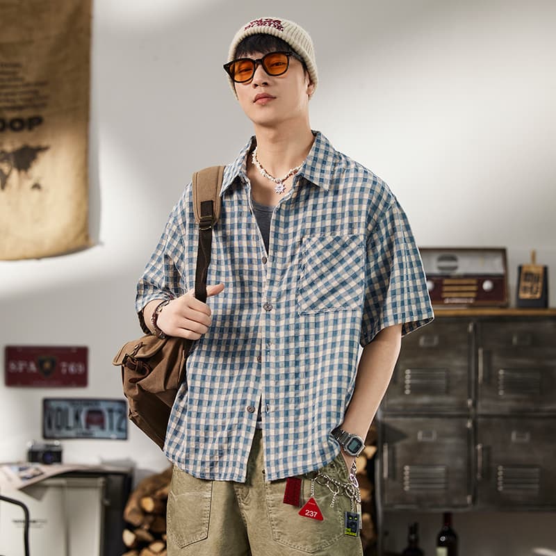 실사 여름 새로운 체크무늬 반팔 셔츠 남자 루즈핏 다용도 한국 스타일 미니멀리즘 막대기 가방 디자인 셔츠 이미지 3