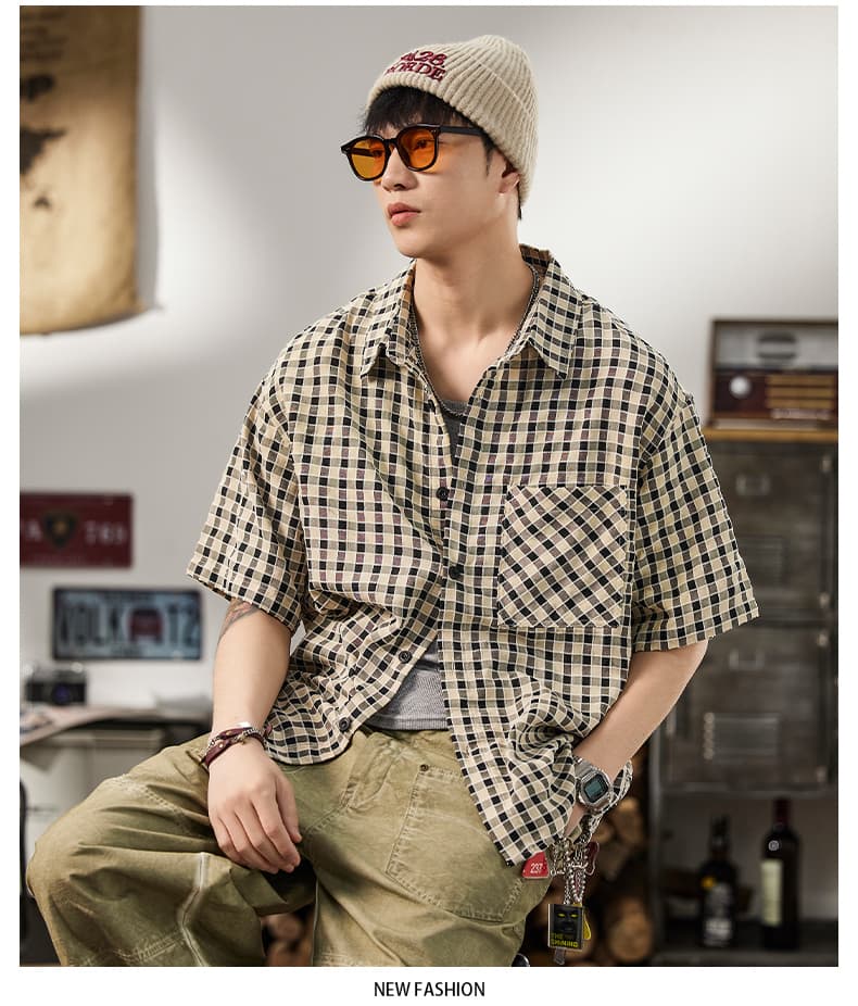 실사 여름 새로운 체크무늬 반팔 셔츠 남자 루즈핏 다용도 한국 스타일 미니멀리즘 막대기 가방 디자인 셔츠 상세 이미지 14