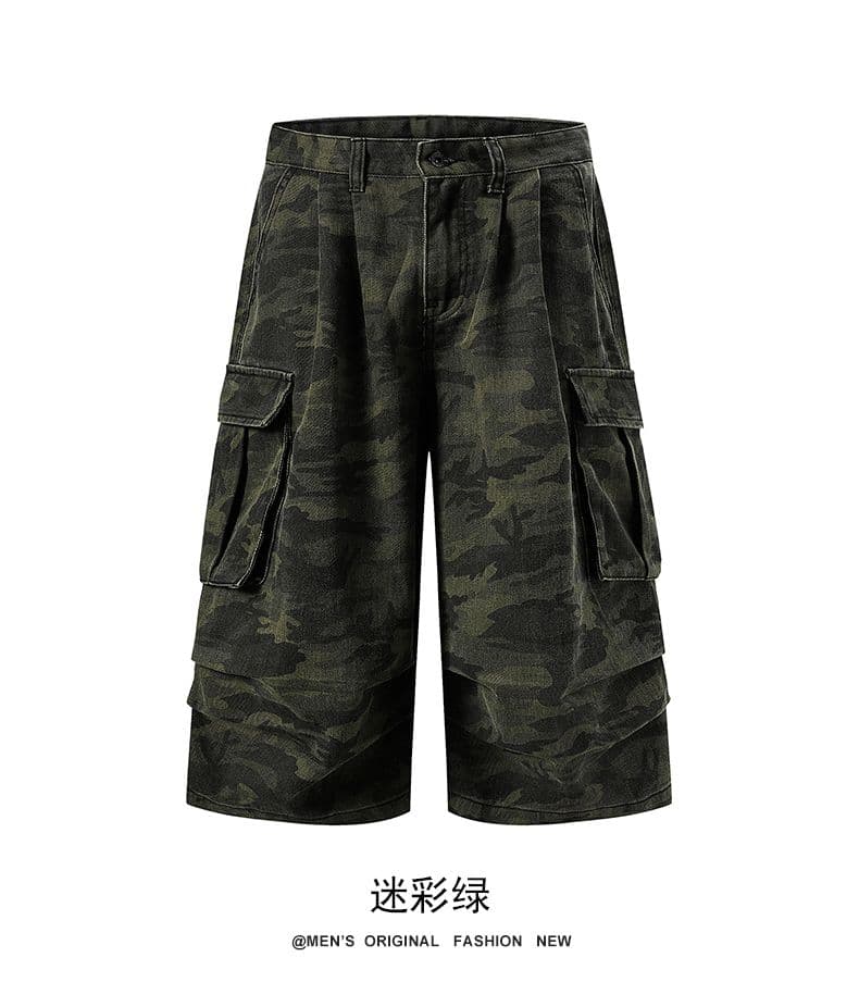 실사 아메리칸 레트로 카모플라주 워크웨어 빅 포켓 반바지 다용도 루즈핏 넓은 다리 7부 바지 중성 섹션 캐주얼 바지 상세 이미지 8