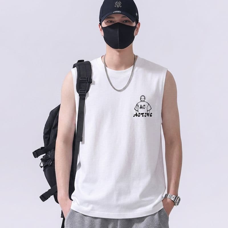실사 2026 여름 새로운 순면 트렌드 프린트 민소매 티셔츠 조끼 남자 루즈핏 다용도 편안함 통기성 이미지 2