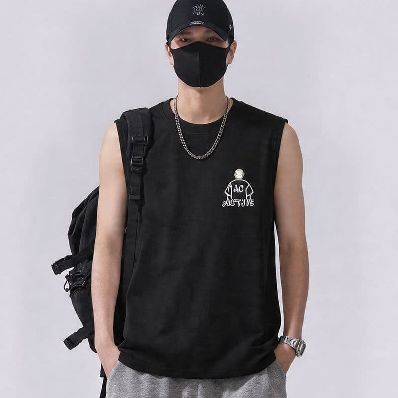 실사 2026 여름 새로운 순면 트렌드 프린트 민소매 티셔츠 조끼 남자 루즈핏 다용도 편안함 통기성 이미지 3
