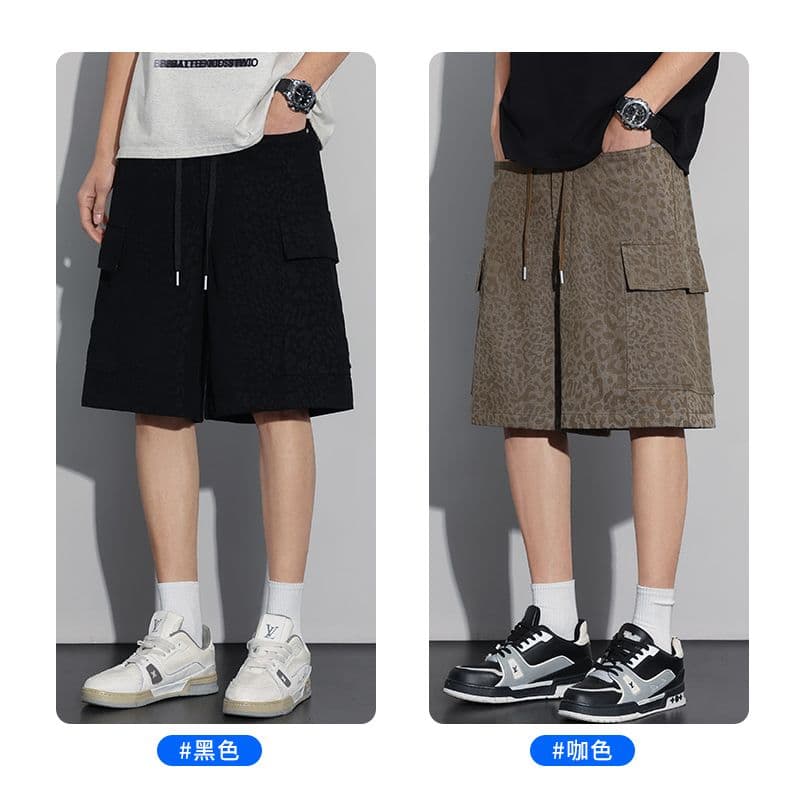실사 여름 새로운 워크웨어 레오파드 무늬 캐주얼 오부 바지 남자 루즈핏 다용도 하프 허리밴드 얼음 센스 반바지 이미지 3