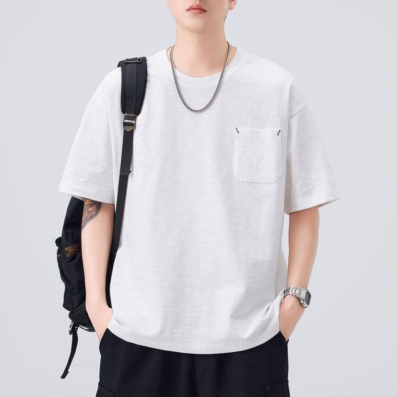 실사 여름 새로운 루즈핏 캐주얼 라운드 넥 티셔츠 남자 다용도 미니멀리즘 주머니 디자인 반팔 맨위 이미지 5