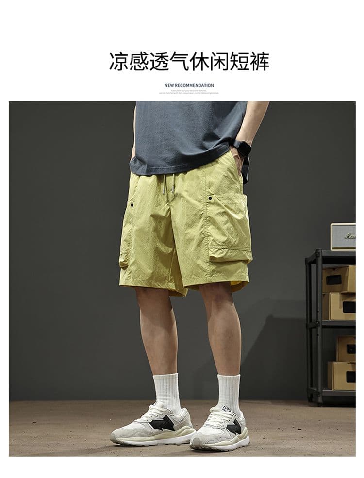 실사 여름 얇은 스타일 높음 거리 워크웨어 반바지 남자 시도 주머니 캐주얼 얼음 실크 오부 바지 상세 이미지 1