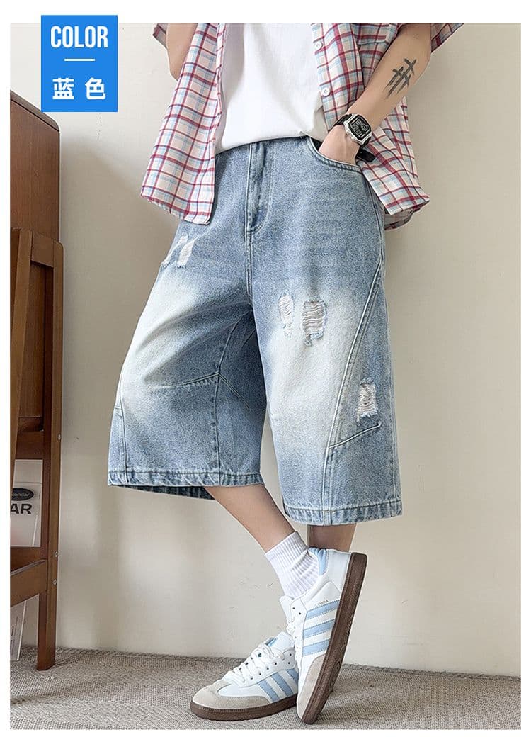 실사 아메리칸 레트로 찢어진 부분 워싱 데님 반바지 남자 여름 조수 브랜드 루즈핏 스트레이트 넓은 다리 7 점 청바지 상세 이미지 13