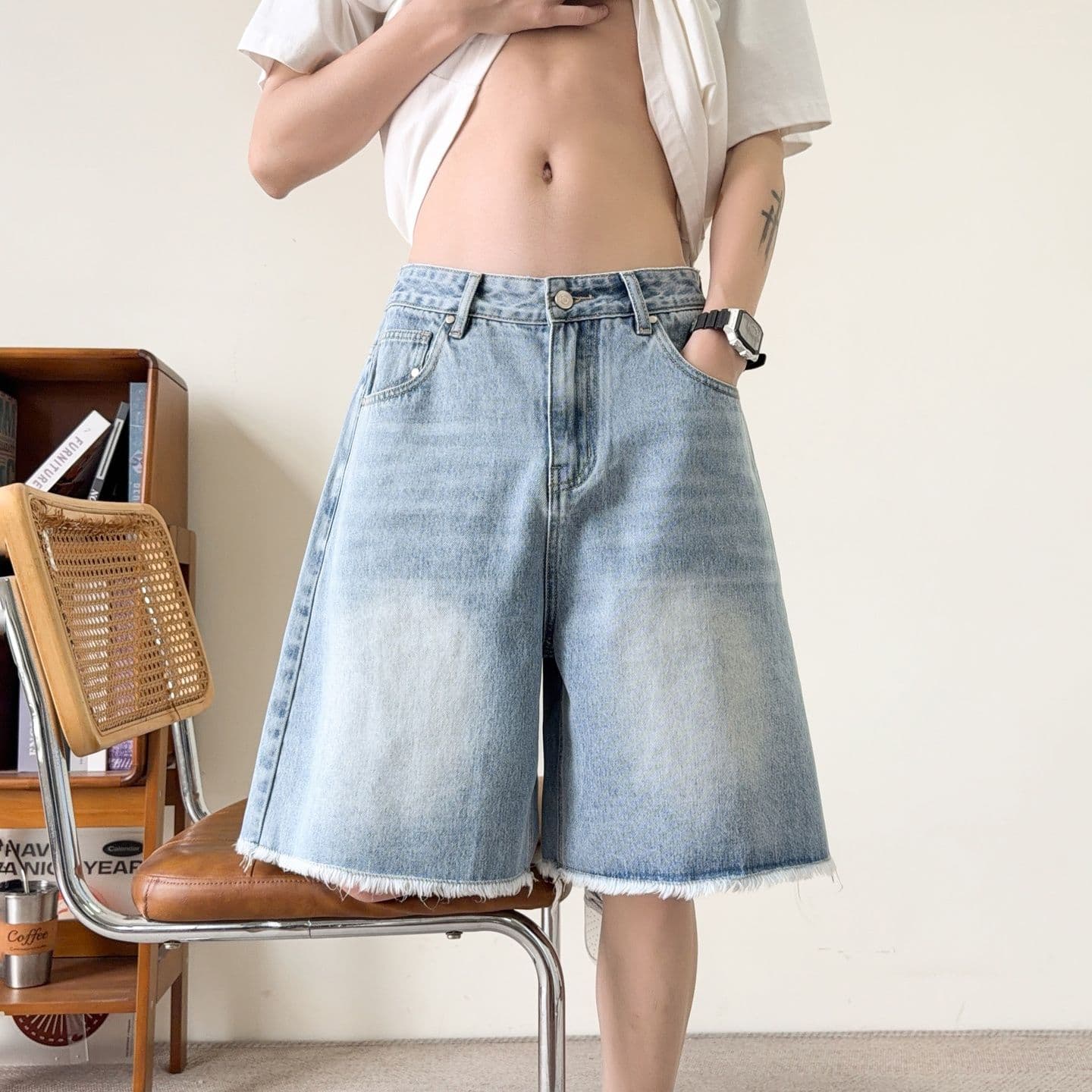 실사 아메리칸 조수 브랜드 거친 가장자리 워싱 데님 반바지 남자 높음 거리 레트로 마 오래된 캐주얼 바지 오부 바지 이미지 5
