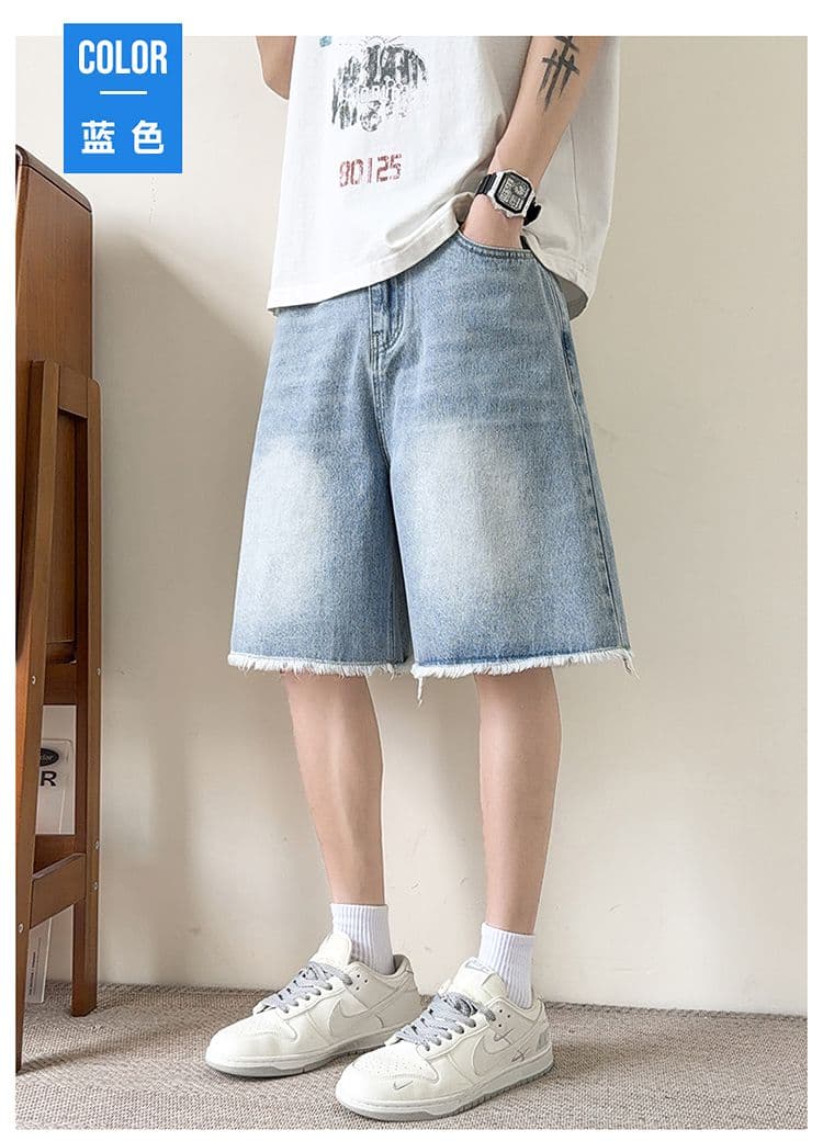 실사 아메리칸 조수 브랜드 거친 가장자리 워싱 데님 반바지 남자 높음 거리 레트로 마 오래된 캐주얼 바지 오부 바지 상세 이미지 13