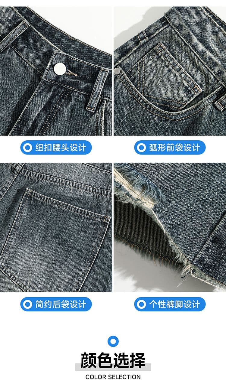 실사 아메리칸 레트로 찢어진 부분 워싱 데님 반바지 남자 여름 조수 브랜드 루즈핏 스트레이트 넓은 다리 오부 바지 상세 이미지 5