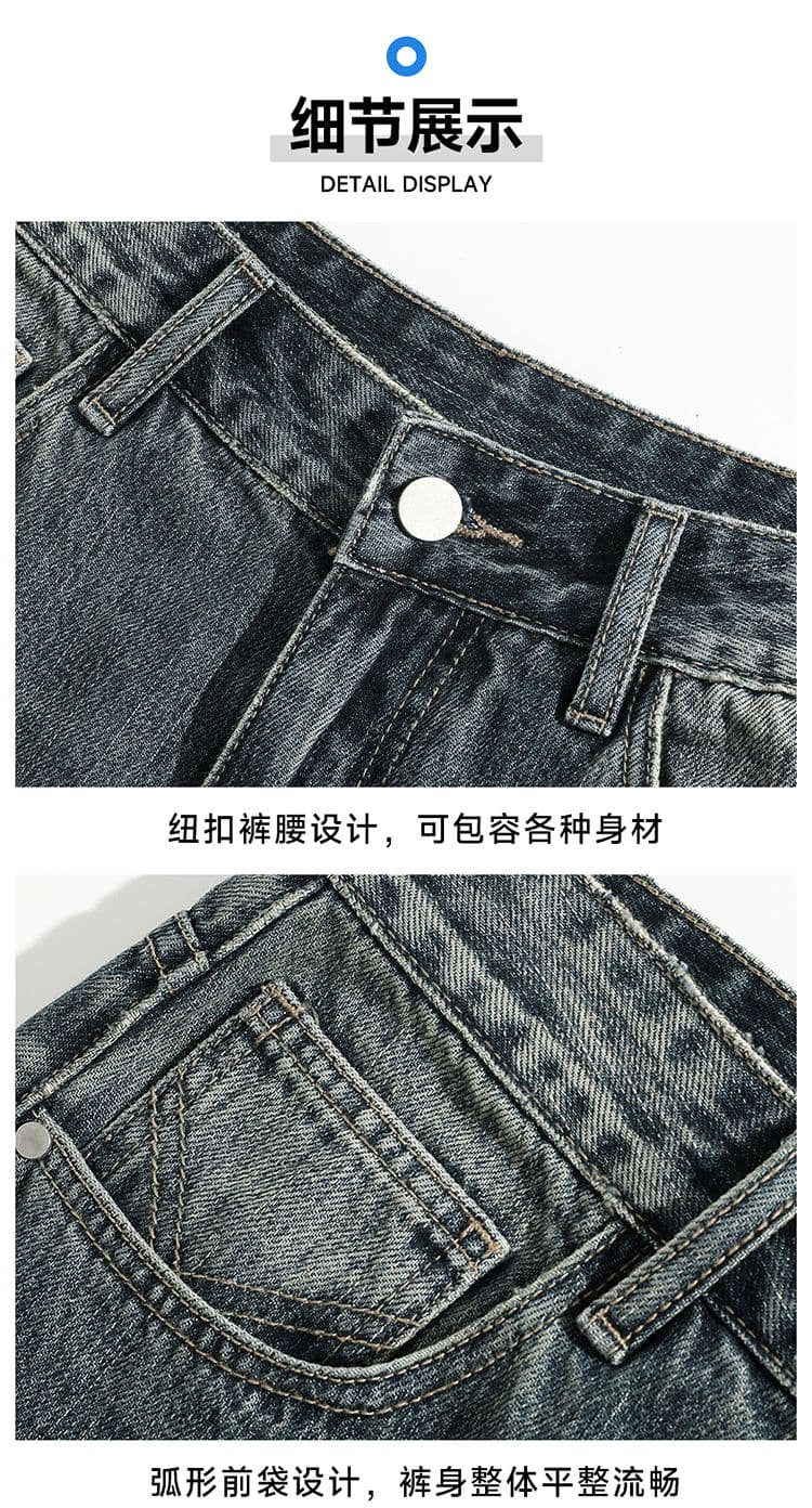 실사 아메리칸 레트로 찢어진 부분 워싱 데님 반바지 남자 여름 조수 브랜드 루즈핏 스트레이트 넓은 다리 오부 바지 상세 이미지 18
