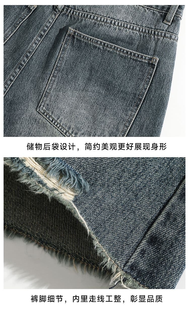 실사 아메리칸 레트로 찢어진 부분 워싱 데님 반바지 남자 여름 조수 브랜드 루즈핏 스트레이트 넓은 다리 오부 바지 상세 이미지 19
