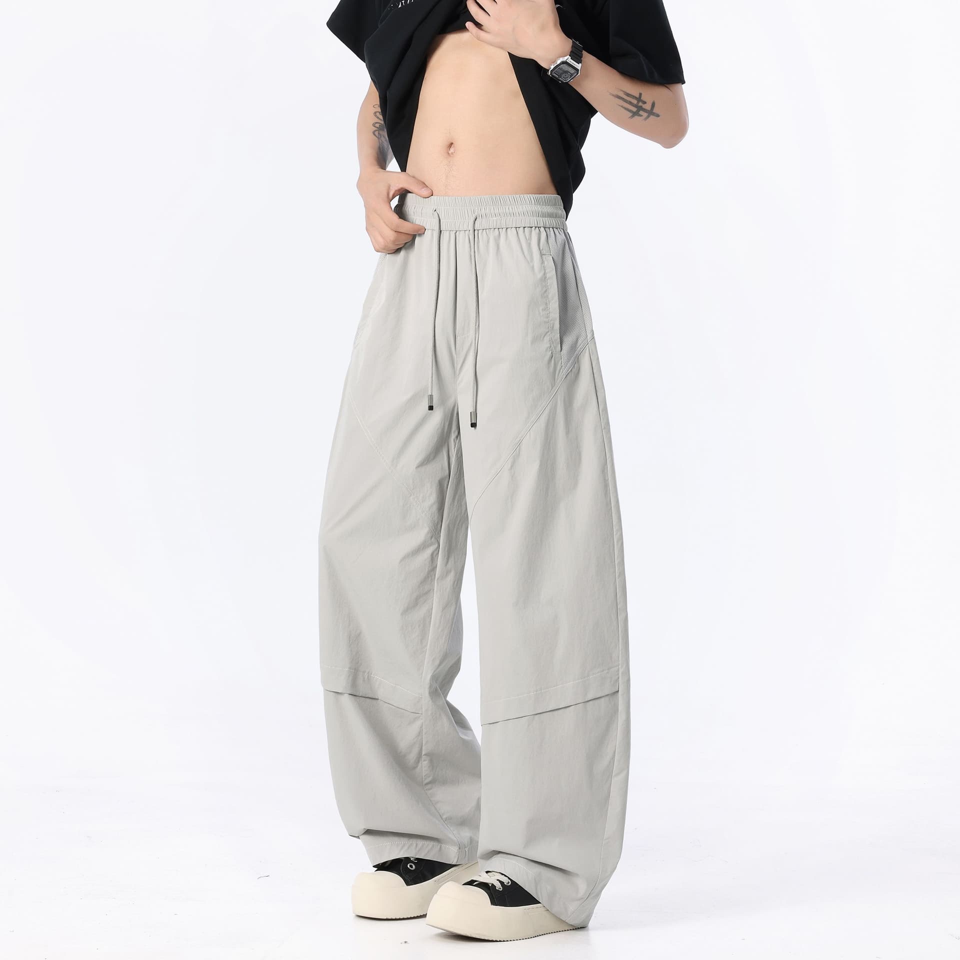 실사 아메리칸 cleanfit 루즈핏 넓은 다리 모통이 칼 바지 남자 여름 고급 센스 다용도 캐주얼 바지 트렌디 이미지 2