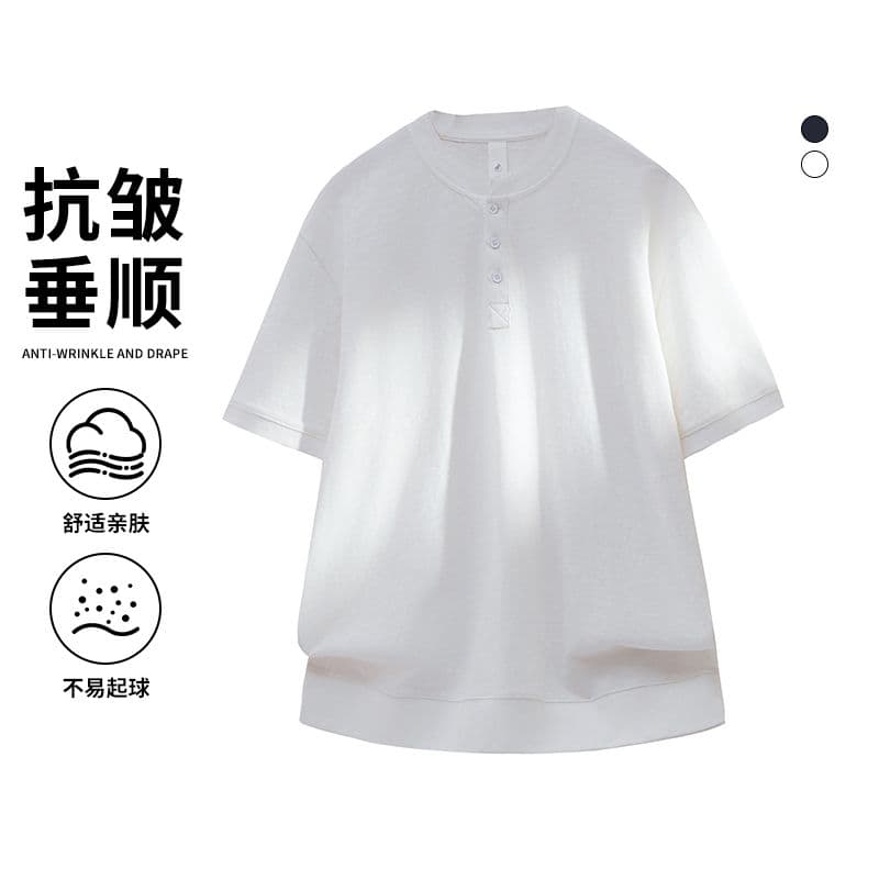 실사 여름 새로운 헨리 칼라 반팔 티셔츠 남자 루즈핏 다용도 하프 단추 디자인 트렌드 순면 맨위 이미지 2