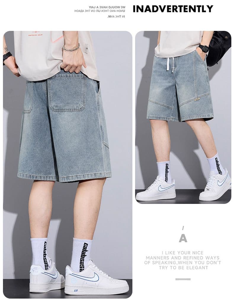 실사 여름 새로운 허리밴드 디자인 데님 반바지 남자 루즈핏 다용도 미니멀리즘 오부 바지 상세 이미지 16