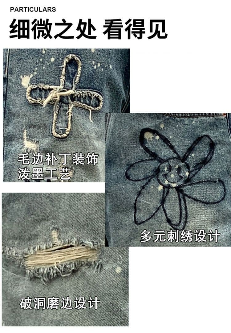 실사 여름 새로운 자수 먹물 레트로 데님 반바지 남자 트렌드 악당 잘 생긴 개성 스트레이트 오부 바지 상세 이미지 3
