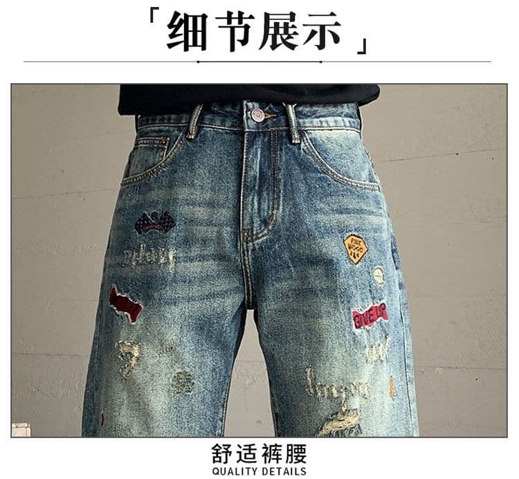 실사 여름 새로운 자수 찢어진 부분 레트로 데님 반바지 남자 트렌드 악당 잘 생긴 개성 스트레이트 오부 바지 상세 이미지 12