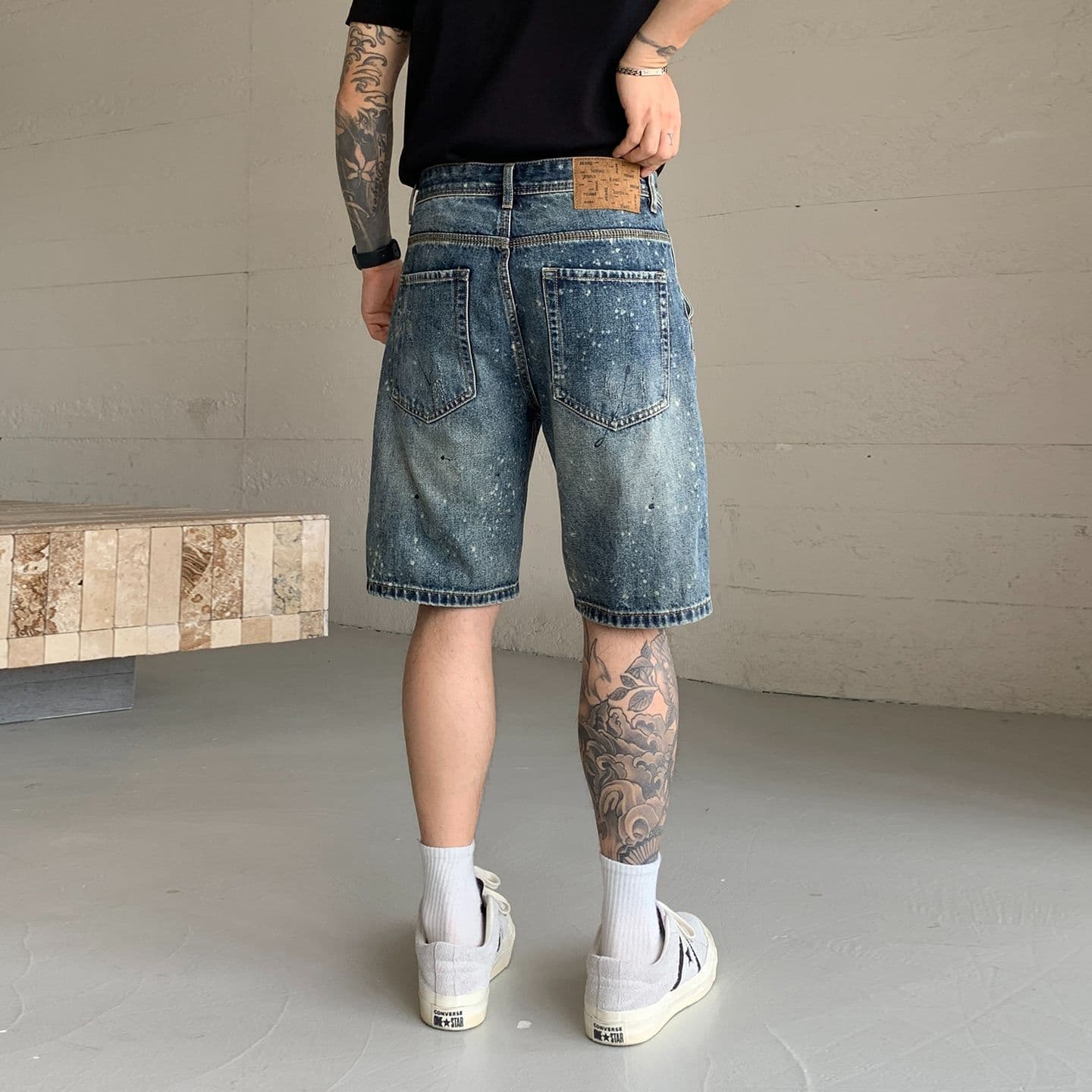 실사 여름 고급 마 오래된 튀김 페인트 찢어진 부분 데님 바지 남자 트렌드 레트로 높음 거리 아메리칸 다용도 오부 바지 이미지 2