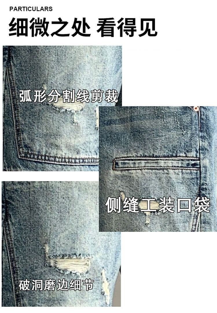 실사 여름 새로운 아메리칸 워크웨어 기타 주머니 패치워크 데님 반바지 남성 트렌드 개성 다용도 오부 바지 상세 이미지 3