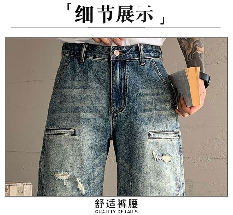 실사 여름 새로운 아메리칸 워크웨어 기타 주머니 패치워크 데님 반바지 남성 트렌드 개성 다용도 오부 바지 상세 이미지 12