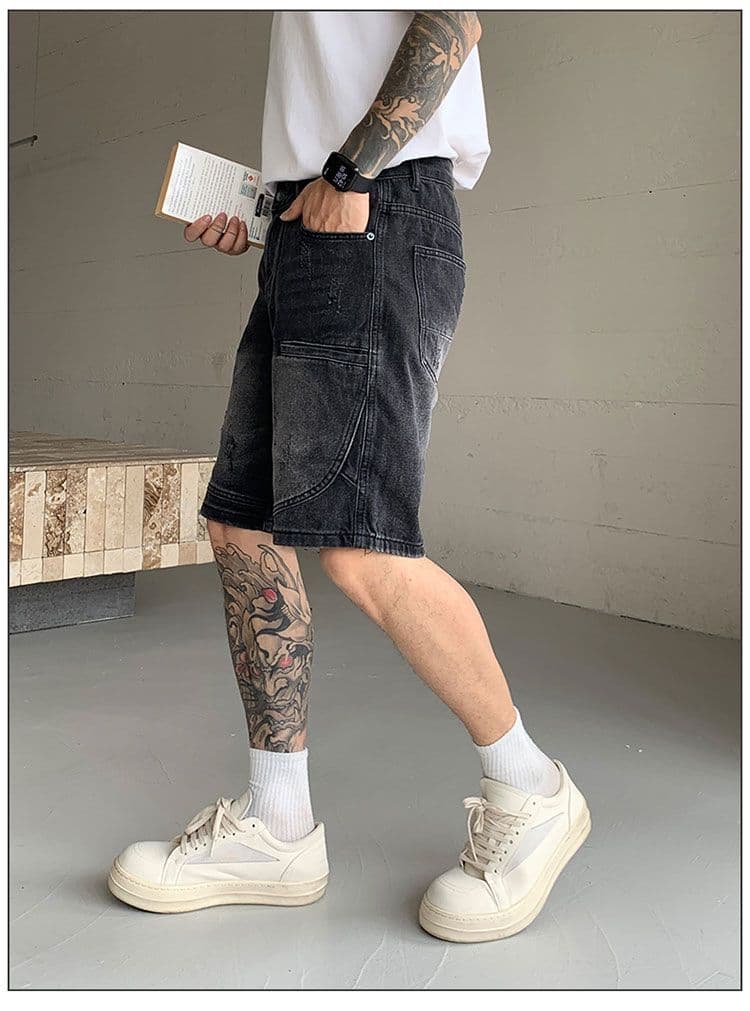 실사 아메리칸 높음 거리 무거운 작업 워싱 데님 반바지 남자 여름 검정색 마 오래된 패치워크 루즈핏 오부 바지 상세 이미지 10