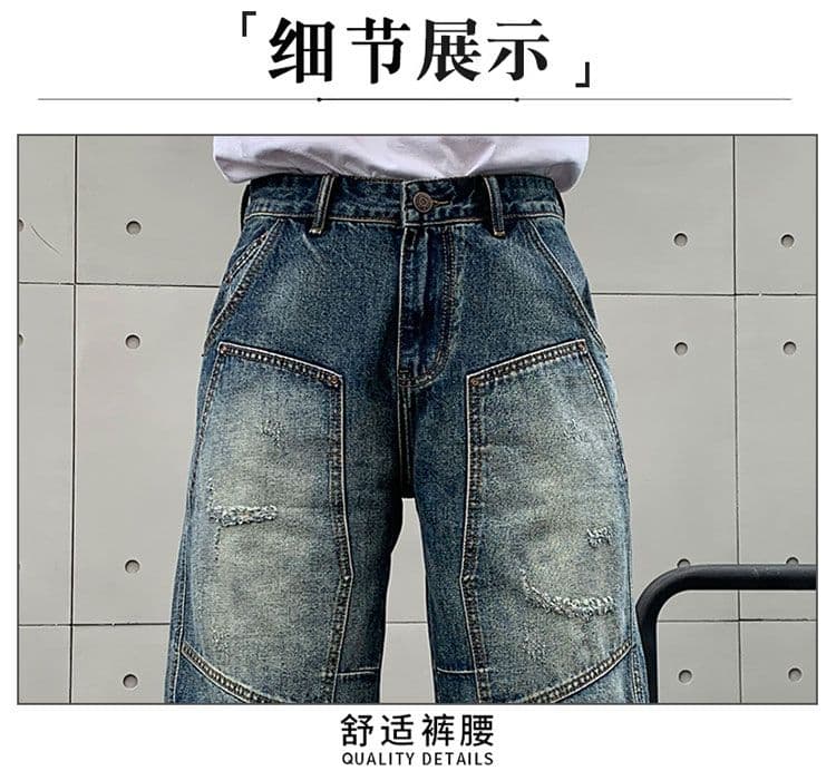 실사 아메리칸 높음 거리 디자인 센스 데님 반바지 남자 여름 노스탤지어 블루 마 오래된 패치워크 루즈핏 오부 바지 상세 이미지 12