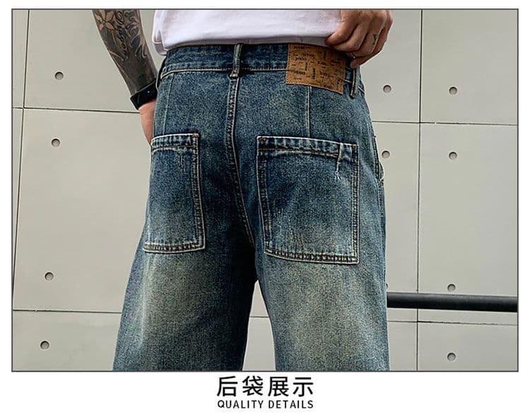 실사 아메리칸 높음 거리 디자인 센스 데님 반바지 남자 여름 노스탤지어 블루 마 오래된 패치워크 루즈핏 오부 바지 상세 이미지 13