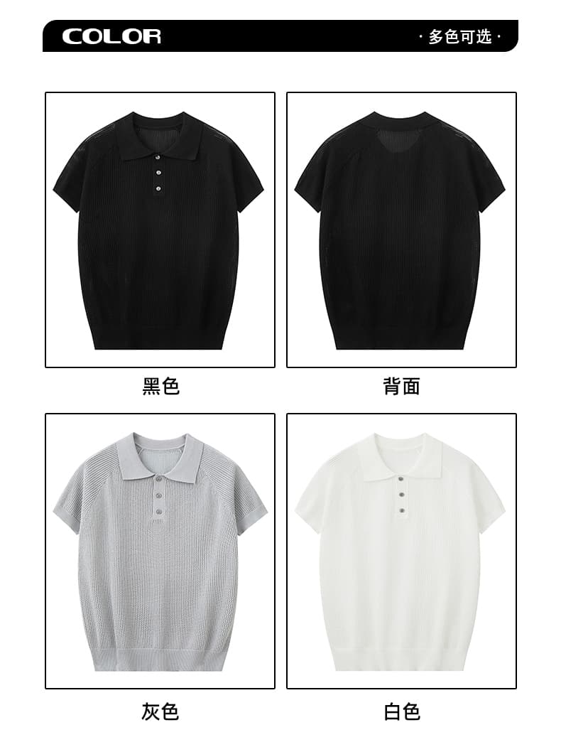 실사 오래된 돈 봉화 남편 그리드 니트 티셔츠 남자 여름 빛 요리 한 레트로 아메리칸 반팔 POLO 셔츠 남성 맨위 상세 이미지 3