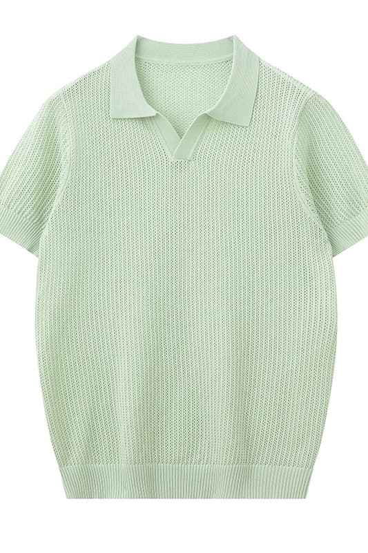실사 오래된 돈 후아 남편 그리드 질감 POLO 셔츠 남자 여름 새로운 조수 브랜드 자카드 니트 통기성 V넥 반팔 티셔츠 이미지 6
