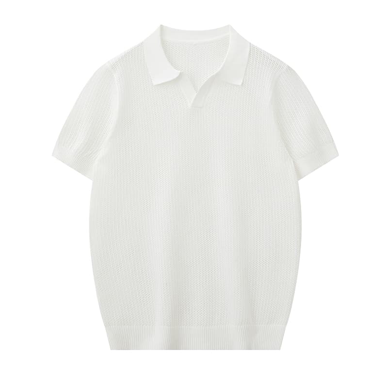 실사 오래된 돈 후아 남편 그리드 질감 POLO 셔츠 남자 여름 새로운 조수 브랜드 자카드 니트 통기성 V넥 반팔 티셔츠 이미지 4