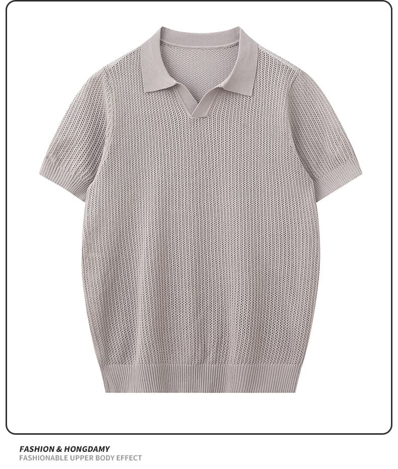 실사 오래된 돈 후아 남편 그리드 질감 POLO 셔츠 남자 여름 새로운 조수 브랜드 자카드 니트 통기성 V넥 반팔 티셔츠 상세 이미지 9